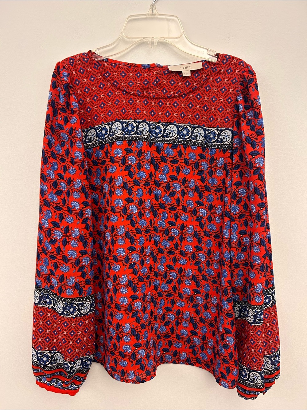LOFT Red and Blue Long Sleeve Border Print & Floral Peasant Top Size Medium